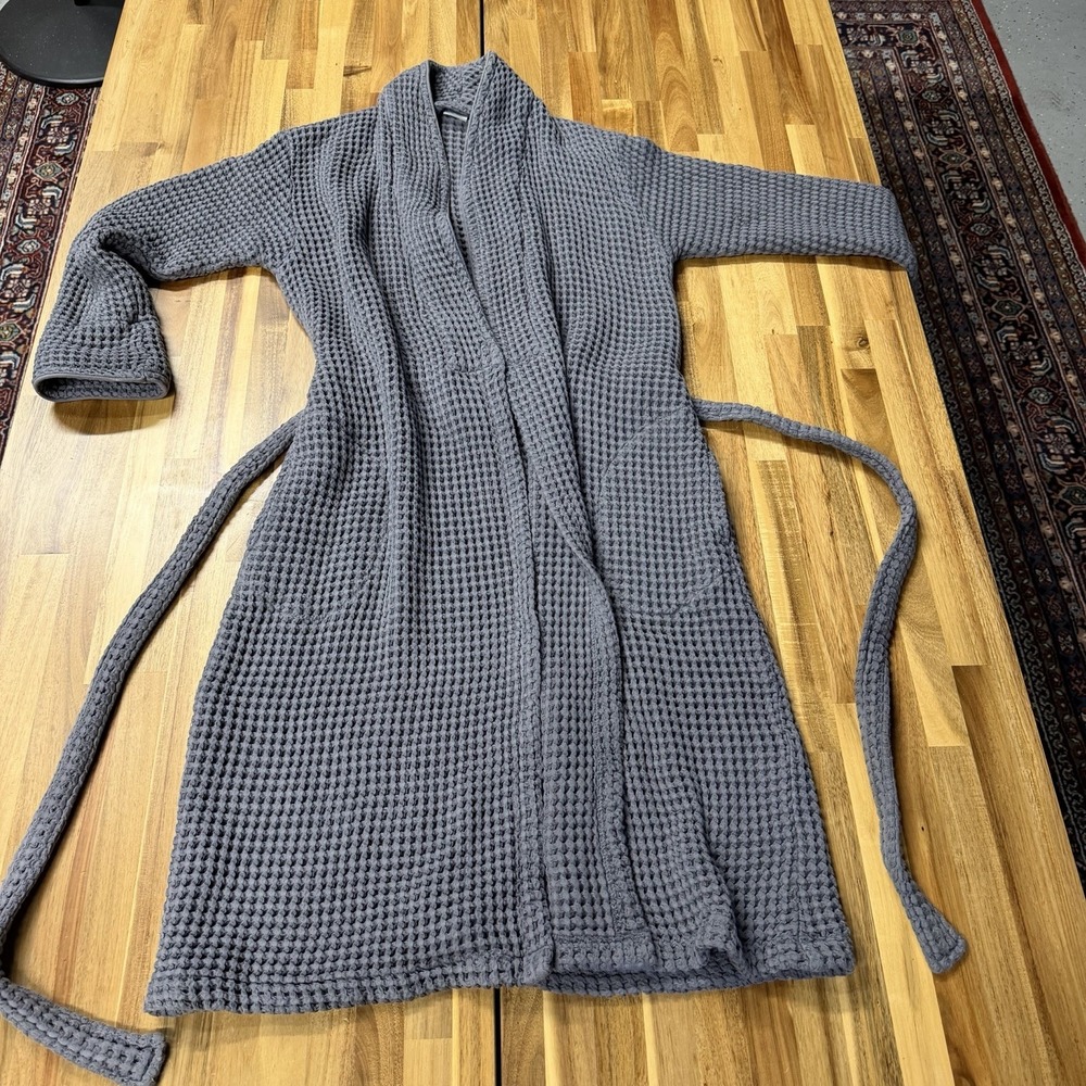Brooklinen Dreamweave Waffle Knit Robe Sz Small Gray Cotton Belted Spa Bathrobe